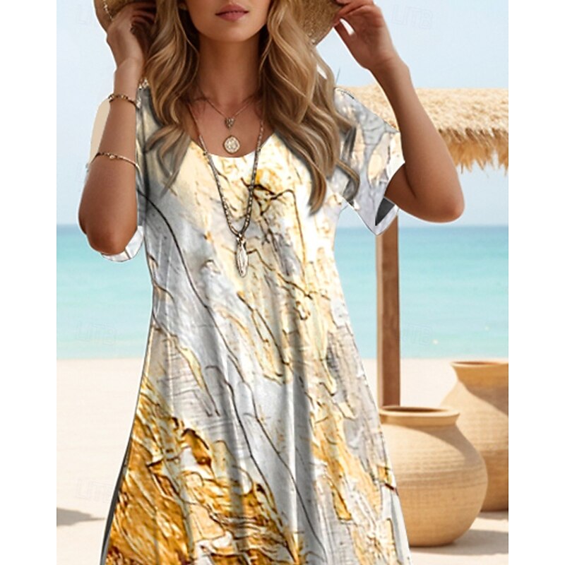 Women's Maxi Dress T Shirt Dress Tee Dress Sundress Shift Dress Summer Dress Elegant Beach Party Holiday Beach Regular Fit Abstract Marble Short Sleeve Crew Neck Gold Summer Spring2