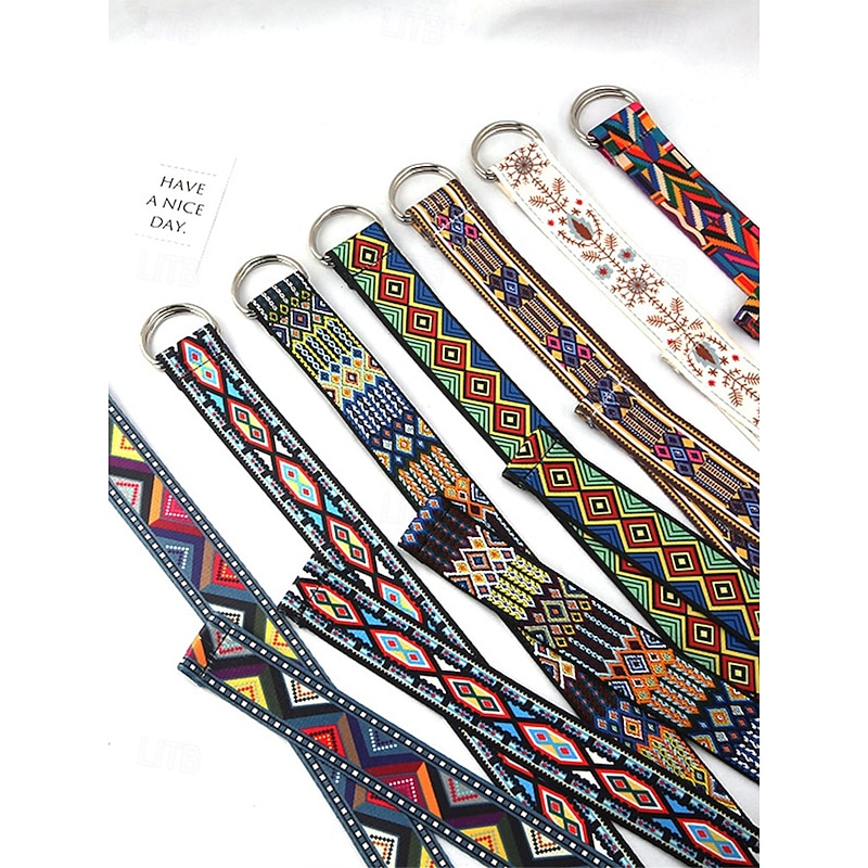 Fashionable geometric pattern belt for men and women - Colorful fabric belt with adjustable loop buckle - Stylish bohemian belt for casual and festive wear