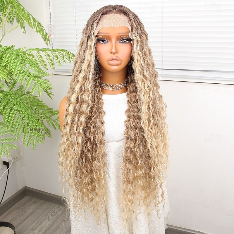 Synthetic Lace Wig Deep Curly Style 32 inch Multi-color Middle Part 13x4x1 T Part Lace Front Wig Women's Wig Light golden3