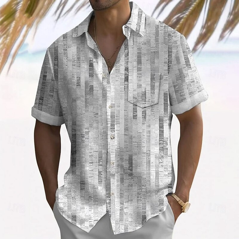 Men's Geometric Grid / Plaid Shirt Summer Shirt Button Up Shirt Short Sleeve Fashion Casual Vacation Holiday Streetwear Summer Turndown 3D Print Front One Pocket Linen Like Shirt Yellow Green Gray