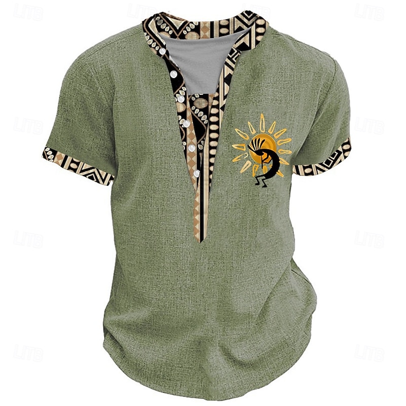Men's Graphic Tribal Henley Shirt Short Sleeve 3D Print Fashion Designer Basic Street Casual Daily Summer Spring Light Blue Black Green Khaki Stand Collar Henley T-Shirt