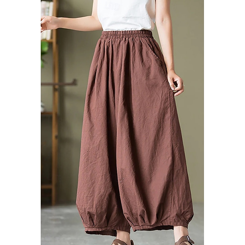 Women's Cotton Linen Pants Bloomers Fashion Streetwear Full Length Natural Plain Pocket Elastic Waist Comfy Outdoor Comfortable Vacation Weekend Maroon Black Green Summer Regular Fit