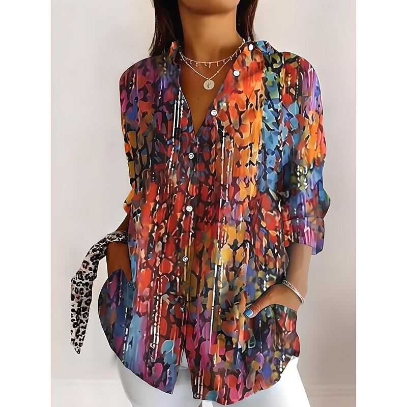 Women's Shirt Button Down Tunic Shirt Collar Long Sleeve Ombre Floral Graphic Romantic Casual Beach Regular Tops Work Daily s Print Red Blue Spring Fall2