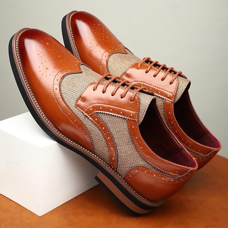 Men's Tan Faux Leather Brogue Derby Shoes – Sophisticated Prom Shoes for Elegant Celebrations3