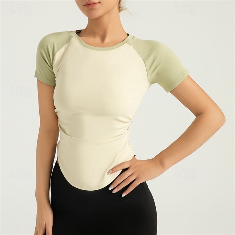 Women's Yoga Top Scoop Neck Breathable Patchwork Short Sleeve Sports Color Block Tee Tshirt Crisscross Back For Running Fitness Yoga Loose Fit Activewear2