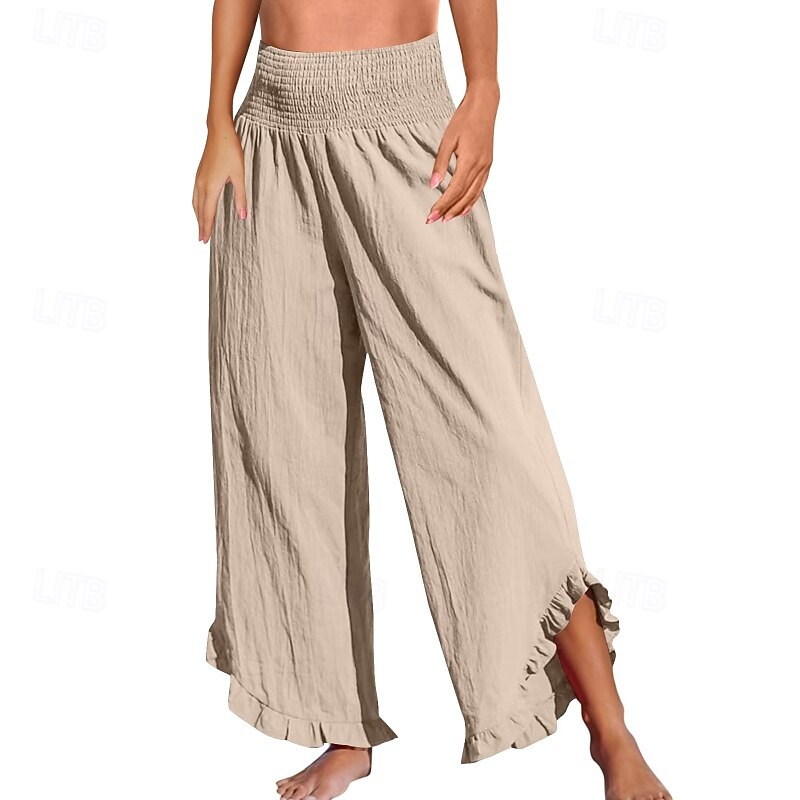 Women's Cotton Linen Pants Culottes Wide Leg Slacks Fashion Streetwear Full Length Natural Plain Elastic Waist Split Comfy Outdoor Comfortable Outdoor Going out Wine Depression Green River Blue Black