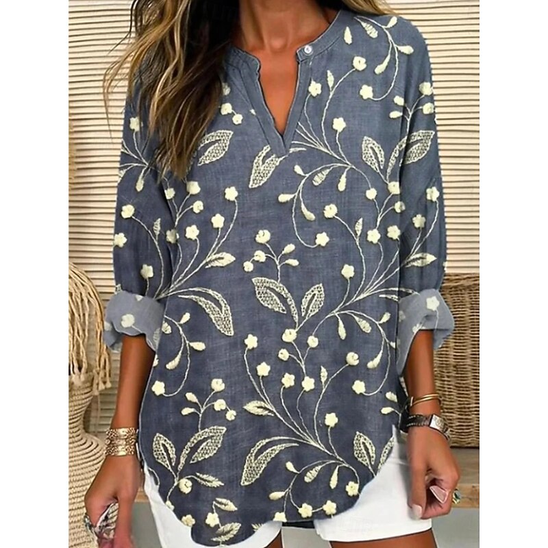 Women's Blouse Tunic V Neck Long Sleeve Boho Casual Tops Floral Graphic Leaf Vintage Tropical Regular Tops Daily Wear Print Navy Blue Orange