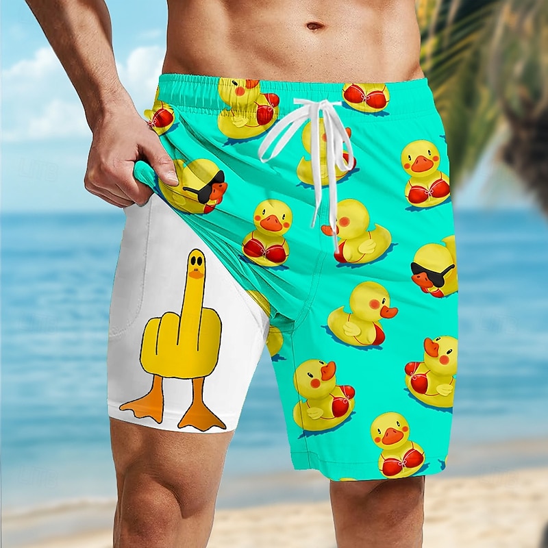 Men's Little Yellow Duck Funny Lined Shorts 2 in 1 Board Shorts Swim Shorts Mid Waist Hawaiian Vacation Beach Wear Side Pockets With Compression Liner Elastic Drawstring Waist Designer Clothing4