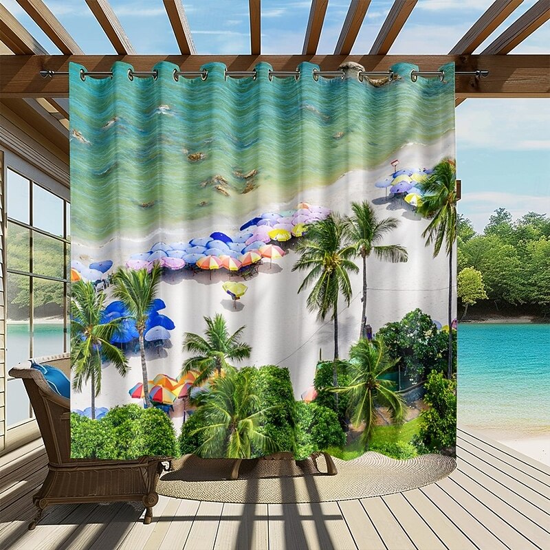 Waterproof Outdoor Curtain Privacy, Sliding Patio Curtain Drapes, Pergola Curtains Grommet 3D Summer Beach Palm Trees Landscape For Gazebo, Balcony, Porch, Party, 1 Panel3