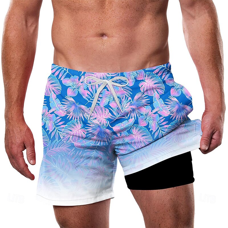 Men's Palm Tree Gradient Color Lined Shorts 2 in 1 Board Shorts Swim Shorts Mid Waist Hawaiian Vacation Beach Wear Side Pockets With Compression Liner Elastic Drawstring Waist Designer Clothing