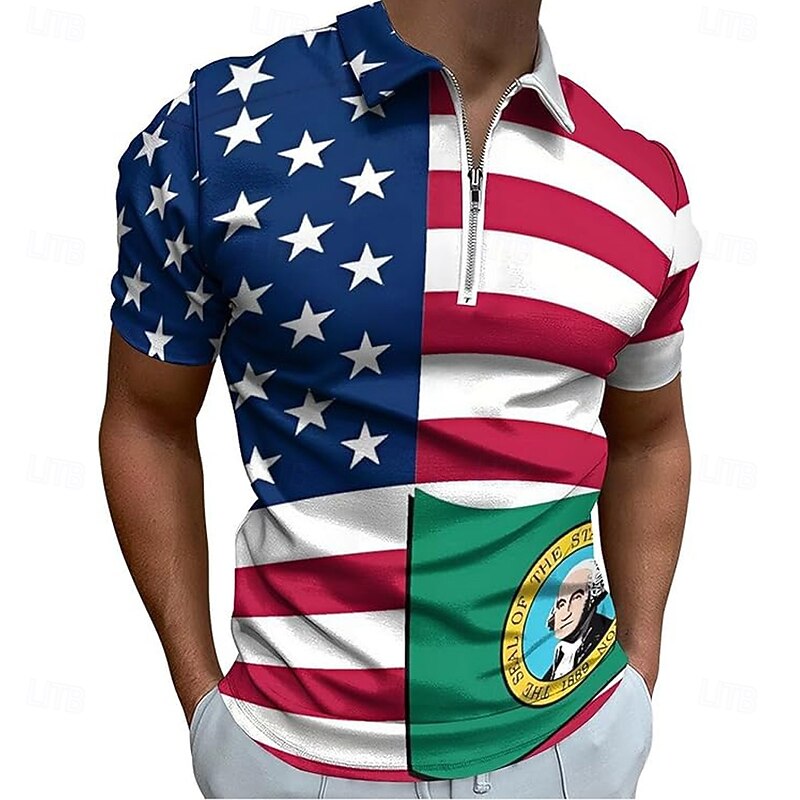 Independence Day Men's American US Flag Zip Polo Short Sleeve Turndown Casual Daily Sports & Outdoor Athleisure Casual Daily Zipper Summer Robin's Egg Blue