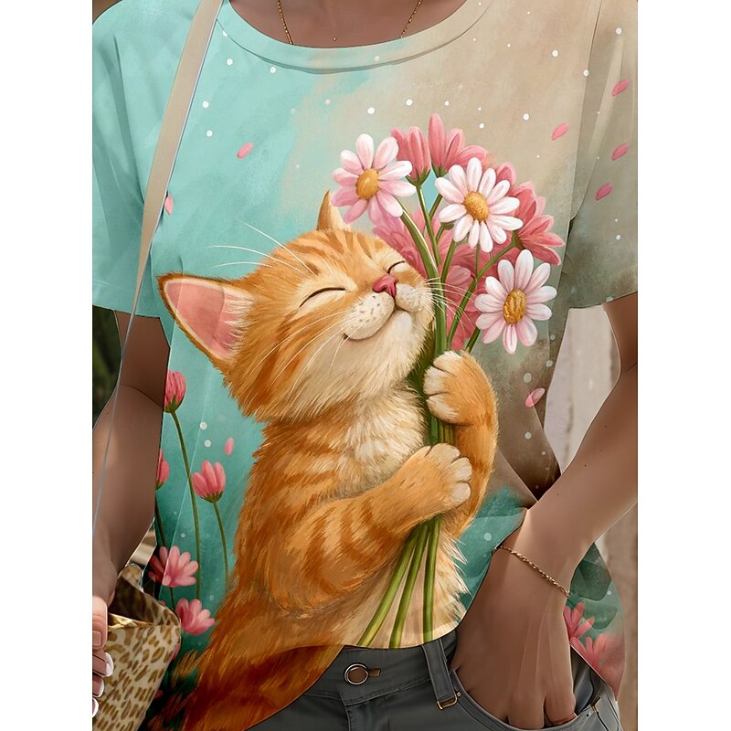 Women's T Shirt Graphic Animal Cat Stylish Classic Modern Short Sleeve Crew Neck Round Neck Regular Tops Daily Going out Weekend Print Orange Summer Spring3