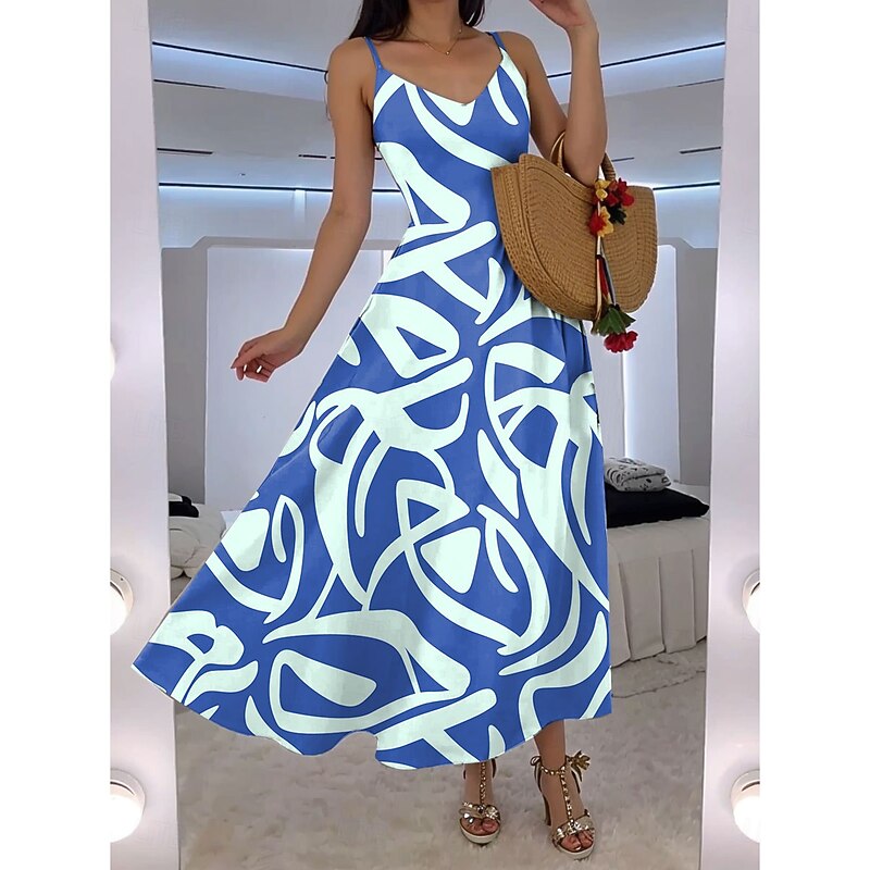 Women's Maxi Dress A Line Dress Slip Dress Vacation Casual Beach Outdoor Going out Standard Fit Graphic Geometric Abstract Sleeveless V Neck Red Blue Green Summer2
