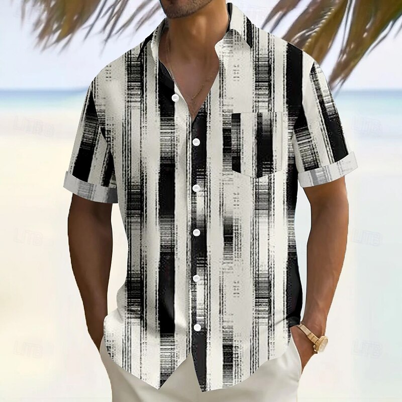 Men's Geometric Grid / Plaid Gradient Color Shirt Casual Shirt Button Up Shirt Short Sleeve Fashion Casual Vacation Holiday Streetwear Summer Turndown 3D Print Front One Pocket Linen Like Shirt Beige