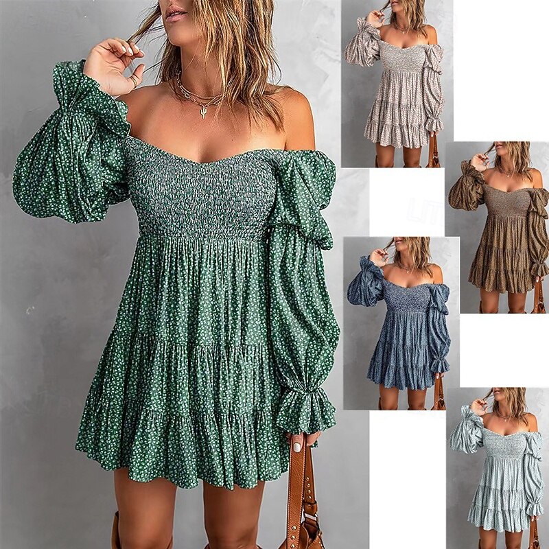 Women's Mini Dress Floral Dress Boho Dress Print Dress Western Dress Classic Modern Outdoor Vacation Holiday Regular Fit Flower Long Sleeve Off Shoulder Blue Brown Green Apricot Summer