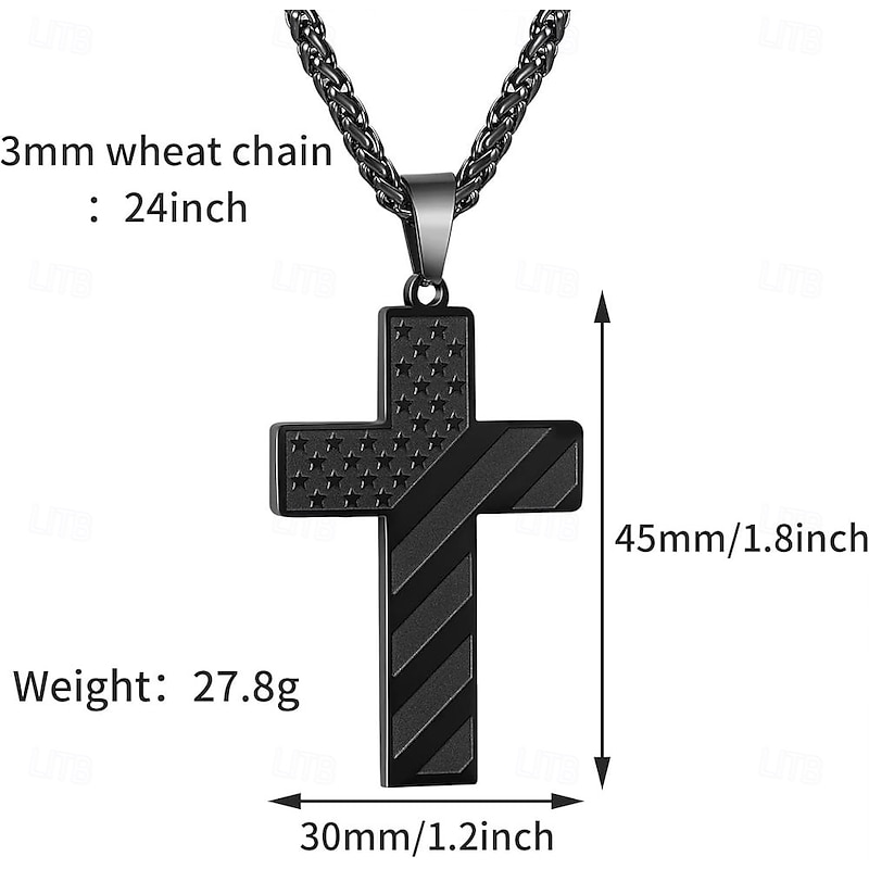 Freedom Cross Pendant, Easter Gift for Him Stainless Steel American Flag Necklace, Engraved Inspirational Quote, Patriotic Christian Jewelry, 24" Wheat Chain, Gift for Men4