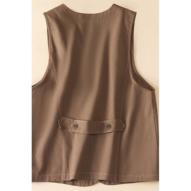Women's Linen Shirt Cotton Linen Vest Button Up Plain Casual Sleeveless V Neck Regular Tops Daily Going out Buttons Pocket Black Khaki Apricot Summer2