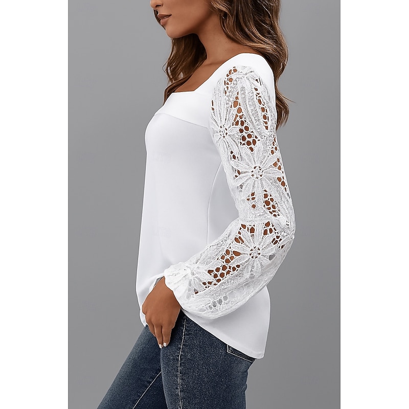 Women's Lace Tops Plain Stylish Modern Long Sleeve V Neck Regular Tops Daily Holiday Lace White Summer2