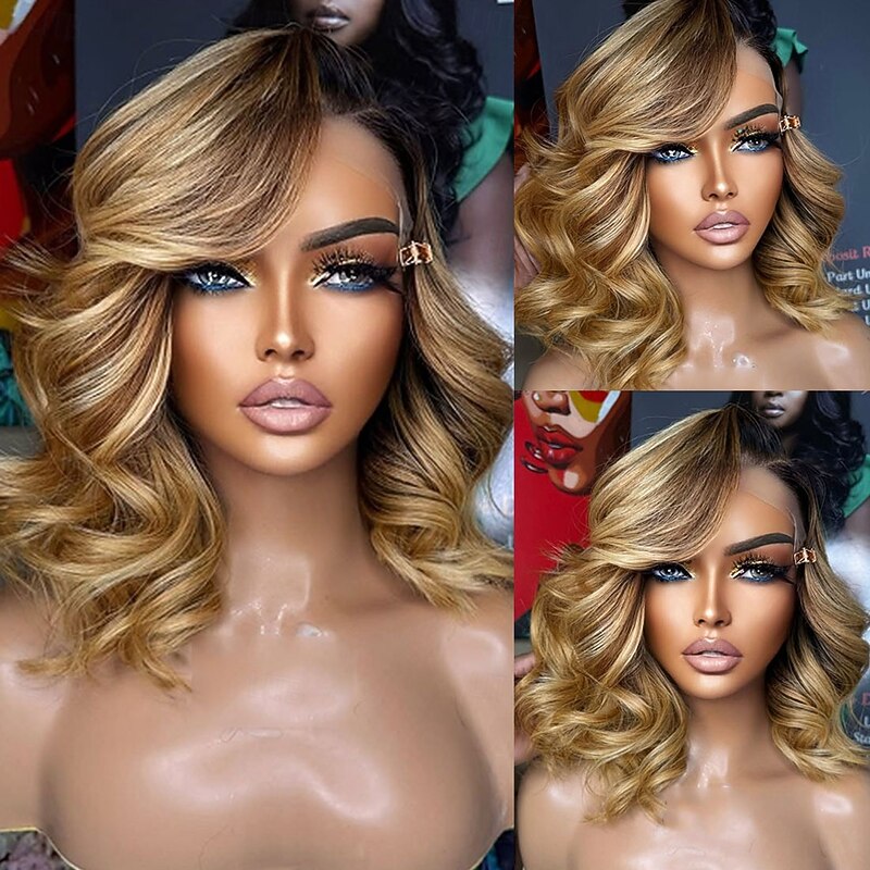 Remy Human Hair 5x5 Closure 13x4 Lace Front Wig Short Bob Brazilian Hair Loose Wave Multi-color Wig 130% 150% Density Highlighted / Balayage Hair Natural Hairline 100% Virgin Glueless Pre-Plucked For