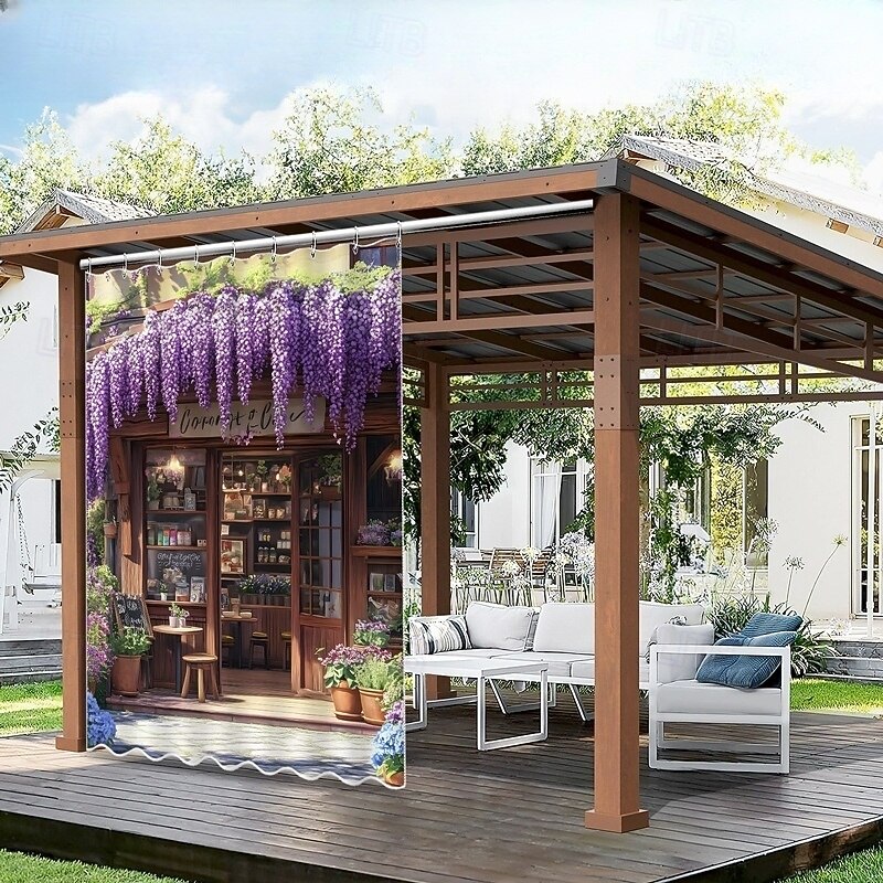 Waterproof Outdoor Curtain Privacy, Sliding Patio Curtain Drapes, Pergola Curtains Grommet 3D Landscape Wisteria For Gazebo, Balcony, Porch, Party, 1 Panel2