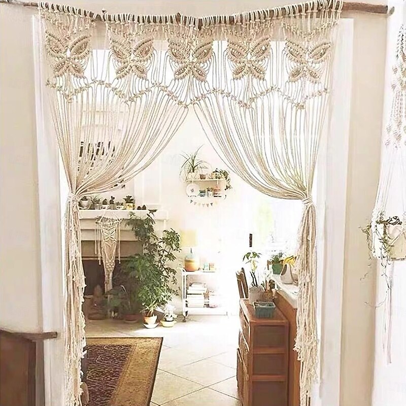 Boho Doorway Curtains Macrame Valance Wall Hanging Home Macrame Woven Tapestry Butterfly Curtain Decoration Room Divider Headboard Wedding Backdrop 35