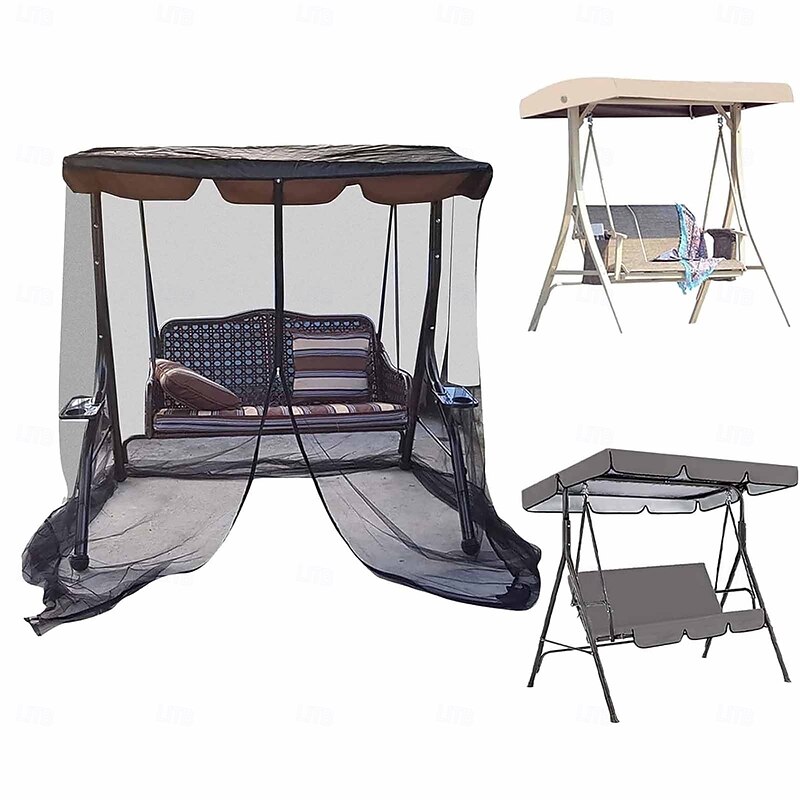 Outdoor Swing Chair Mosquito Net, Polyester Mesh Screen with Zipper Opening and Roof Waterproof Top Cloth, Patio Mesh Mosquito Netting