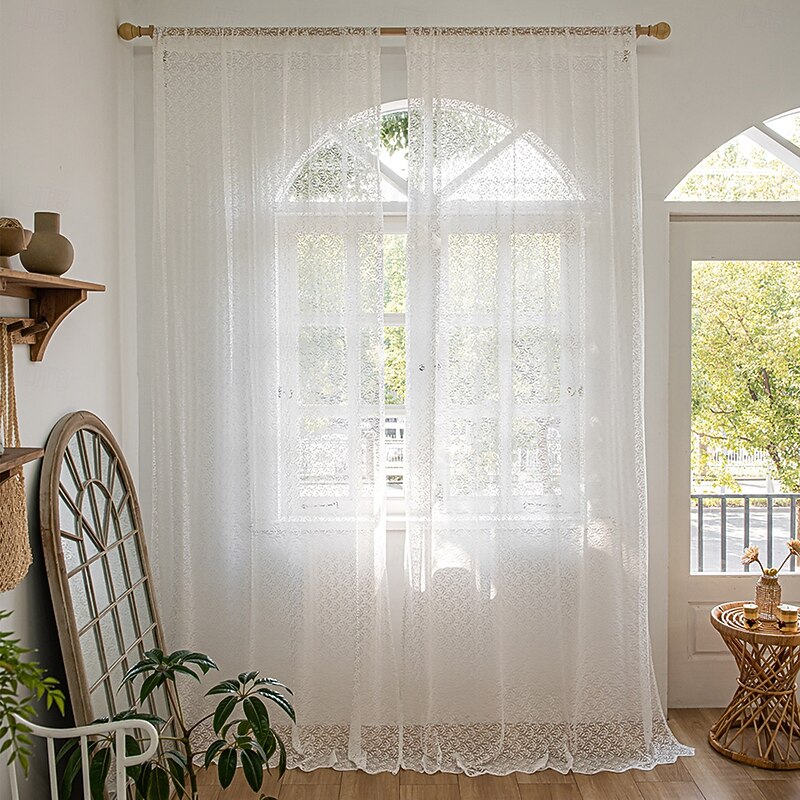 1pc French Retro Romantic White Lace Embroidered Mesh Knitted Chiffon Curtain Top Pole Through Living Room Decoration Partition Curtain, Bedroom Window Finished Chiffon Window4