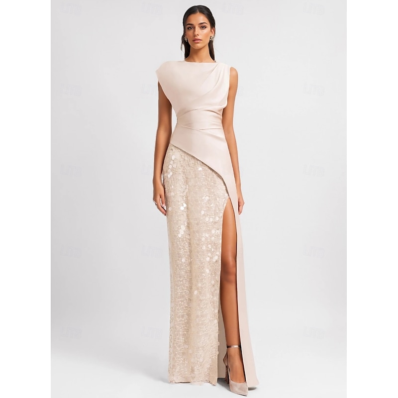 A-Line Evening Gown Elegant Dress Formal Floor Length Sleeveless Crew Neck Pocket Italy Satin with Glitter Ruched2