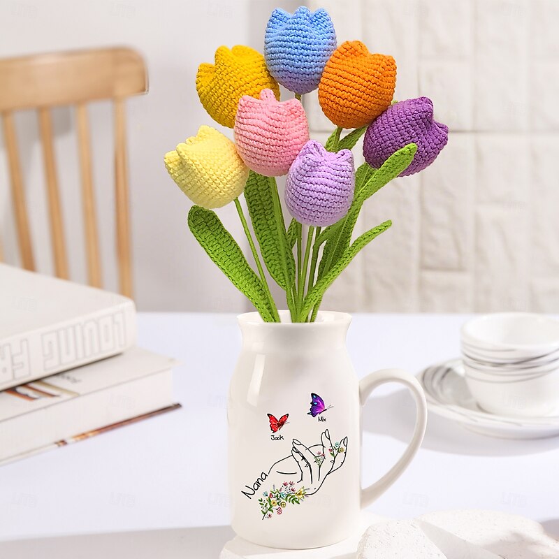 1 Branch Crochet Tulip Flower, Knitted Artificial Flower for Home Decor, Eternal Handmade Gift for Women, Girls, Friends, Birthday, Wedding Party