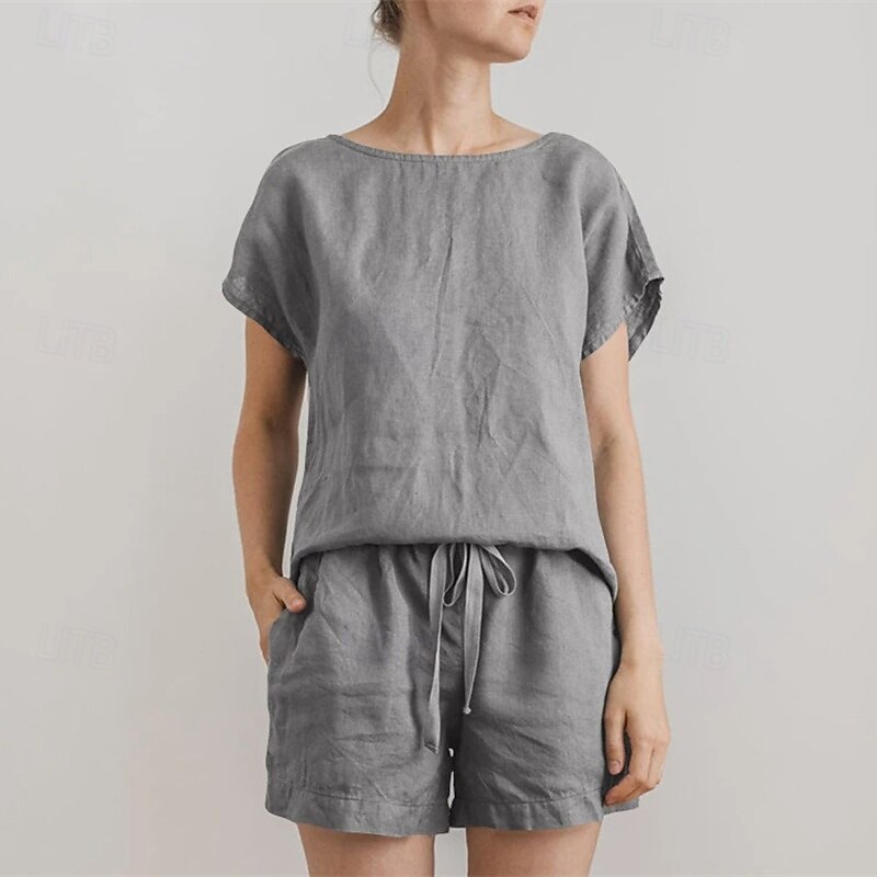 Women's Fashion Streetwear Two Piece Sets T Shirt Shorts Sets Short Sleeve Round Neck Solid Color Drawstring Daily Wear Date Black White Army Green Summer Regular Fit3