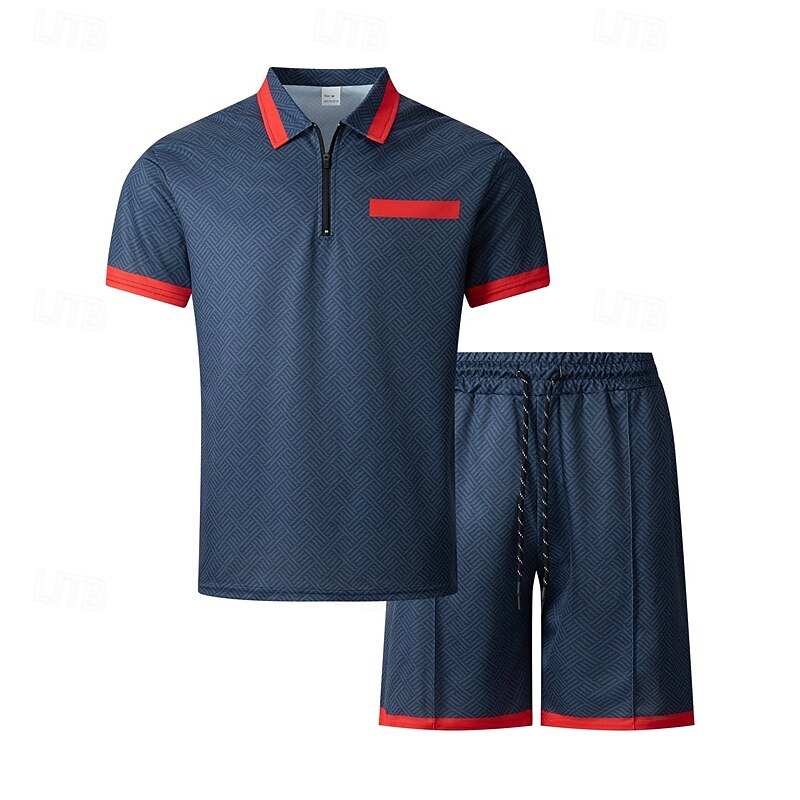 Men's Quarter Zip Polo Golf Shirt Daily Holiday Lapel Short Sleeve Fashion Basic Color Block Print 2 Piece Summer Regular Fit Navy Blue Quarter Zip Polo2