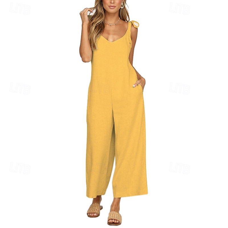 Women's Normal Jumpsuit Streetwear Solid Color Sleeveless V Neck Pocket Work Going out Regular Fit Black Yellow Army Green Summer