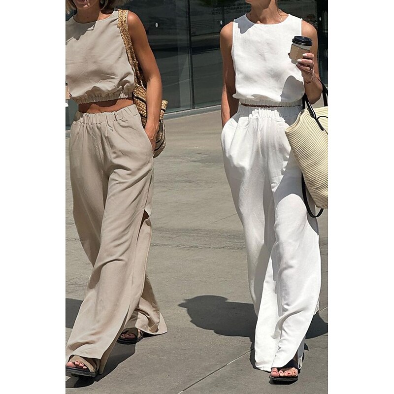 Women's Active Basic Cotton Linen Sets Two Piece Sets Blouse Sleeveless Crew Neck Solid Color Split Thigh Daily Holiday Weekend White Khaki Summer Regular Fit