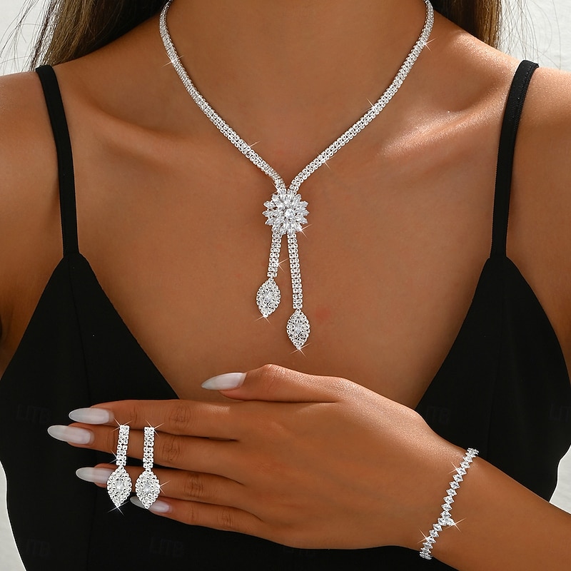 Bridal Jewelry Sets Three-piece Suit Zircon Rhinestone 1 Necklace Earrings Bracelets Women's Elegant Vintage Cute Tassel Fringe Precious irregular Jewelry Set For Wedding Party
