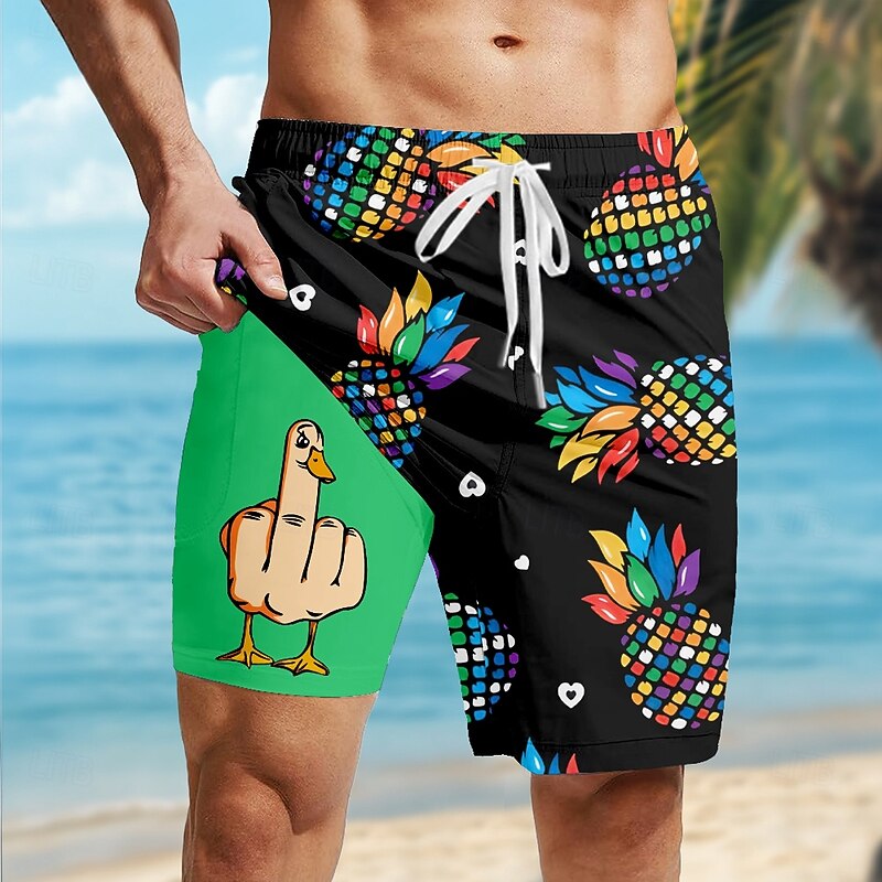 Men's Pineapple Funny Duck Lined Shorts 2 in 1 Board Shorts Swim Shorts Mid Waist Hawaiian Vacation Holiday Beach Wear Side Pockets With Compression Liner Elastic Drawstring Waist Designer Clothing4
