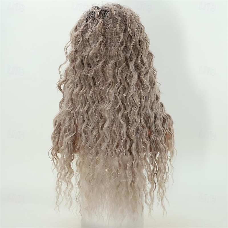 Fencca Grey Blonde Long Curly Wigs for Women Synthetic Layered Wavy Wig with Dark Roots Puffy Easy Wear To Go Curly Hair Wig Mix Color4