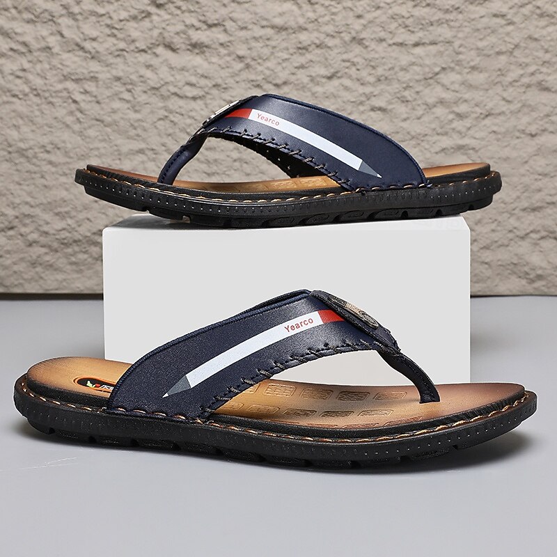Men's Navy Blue Faux Leather Flip-Flop Sandals – Soft and Comfortable with Strap Detailing, Ideal for Casual Summer Days, Beach and Poolside Relaxation3