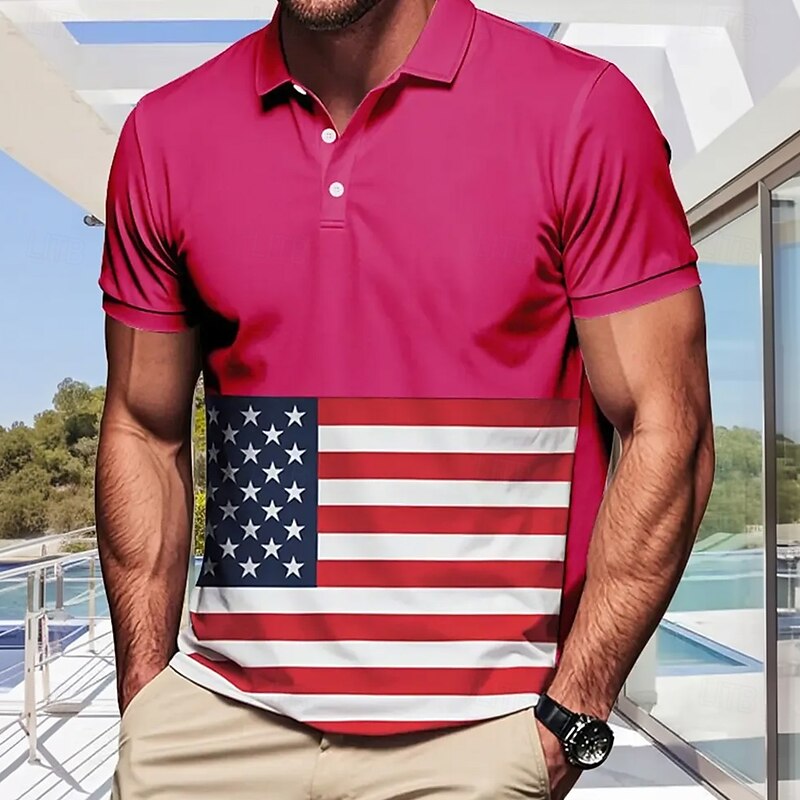 American Independence Day Men's American Flag Polo Short Sleeve Polo Shirts Collared Shirts Casual School Outdoor Daily Wear 3D Print Summer Light Pink White2