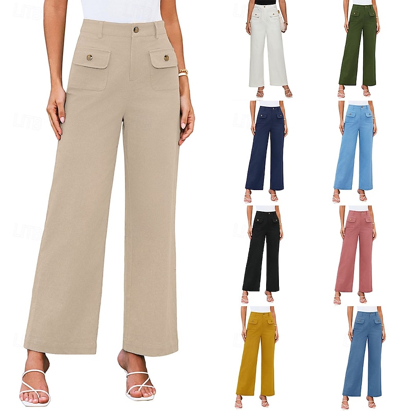 Women's Wide Leg Pants Trousers Streetwear Work Long High Waist Plain Pocket High Cut Breathability Soft Micro-elastic Vacation Street Daily Wear Black White Yellow Pink Summer Regular Fit