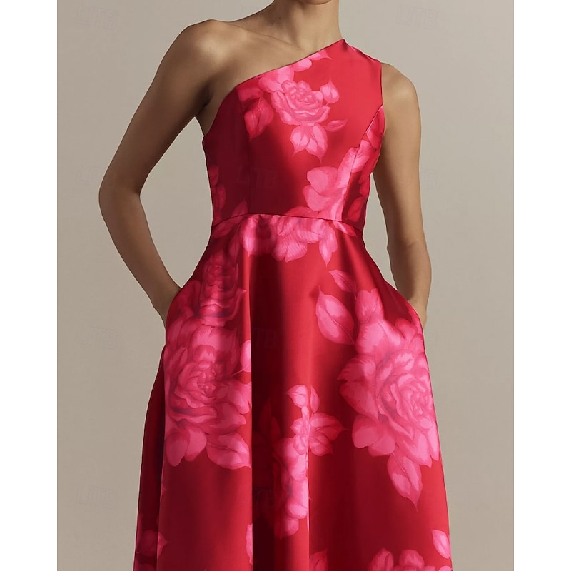 Floral PrintCocktail Dresses Elegant Dress Semi Formal Wedding Guest Dress Maxi Length Sleeveless One Shoulder Satin with Side Pockets2