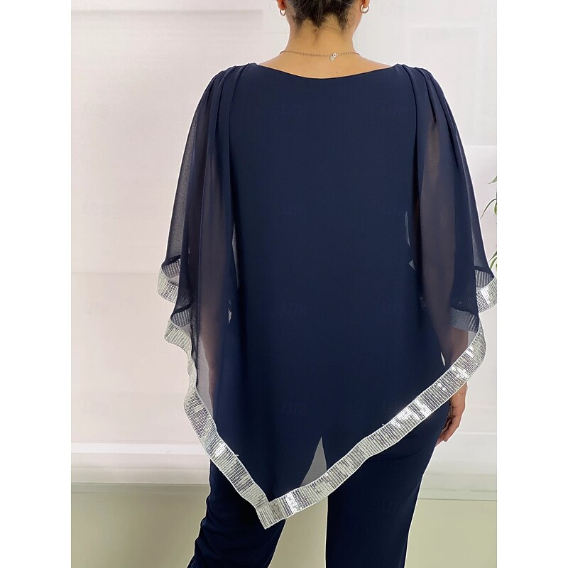 Two Piece Pantsuit Mother of the Bride Dress Elegant Simple Minimalist Crew Neck Ankle Length Chiffon Half Sleeve with Pleats Sequin3