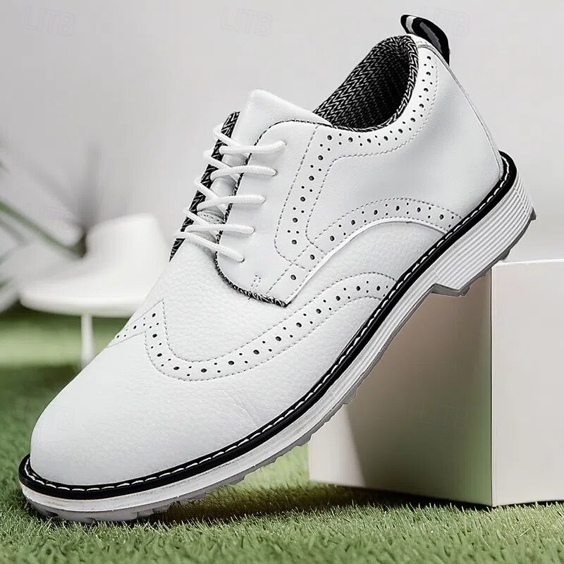 Men's White Brogue Golf Shoes – Durable Faux Leather Lace-Up Sneakers with Perforated Detailing for Golf and Sports Enthusiasts2