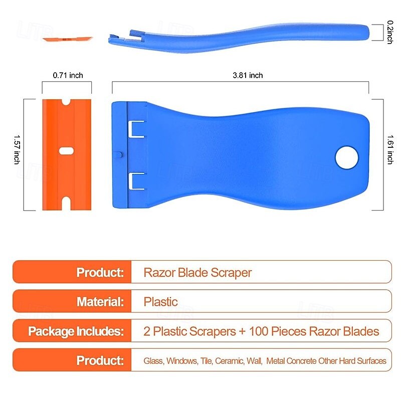 Plastic Razor Blade Scraper and 100 Pcs Blades, Remove Label Decal Tool,Forwithout Scratches Plastic Razor Blade Scraper, Adhesive Remover for Kitchen Appliances,Stickers and Paints on Window4