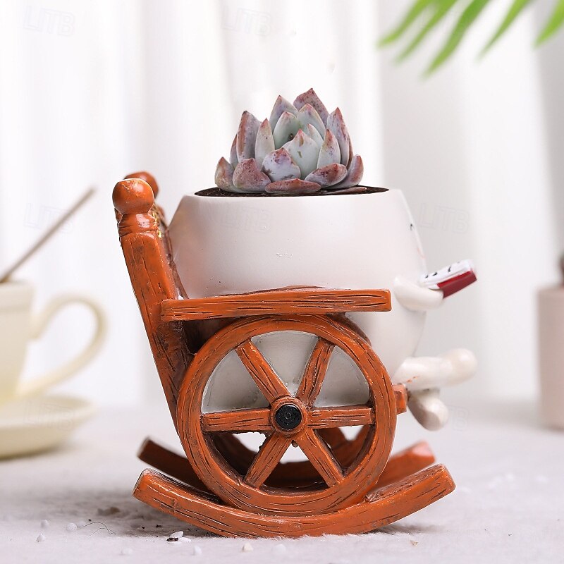 Planter Pots Resin Figurine for Succulent, Home Office Decor, Rocking Chair Reading Mini Plant Pot, Cute Small Planter for Desk, Indoor Succulent Pot Decoration2