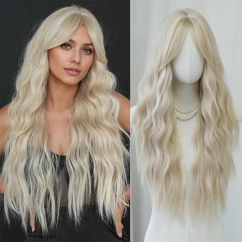 Long Wavy Ash Blonde Wig with Curtain Bangs Heat Resistant Fiber Layered Synthetic Curly Wig for Cosplay Christmas Gifts Party Used