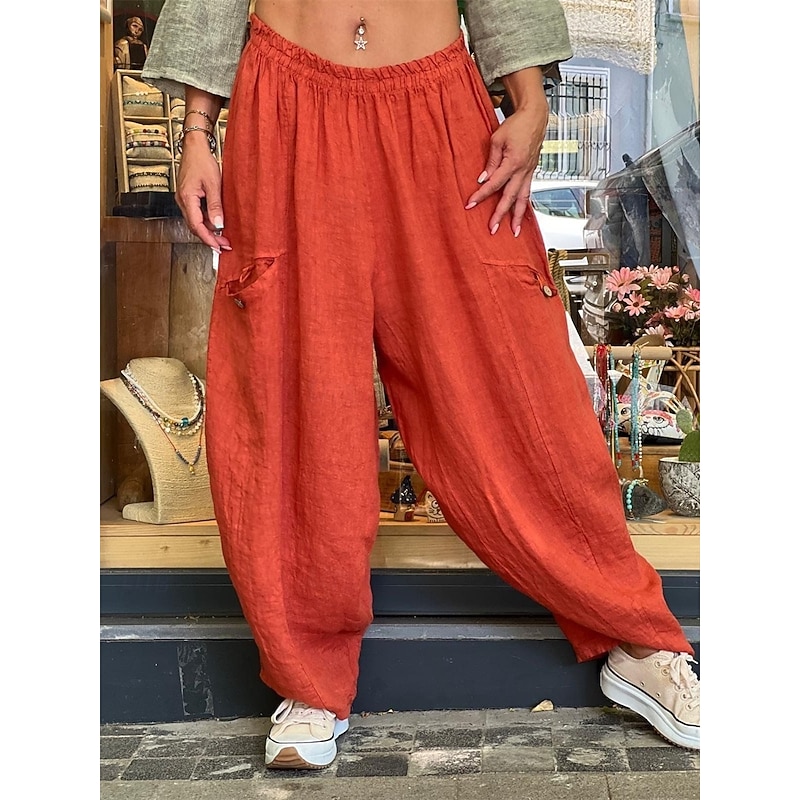 Women's Wide Leg Baggy Pants Solid Color Bloomers Fashion Basic Full Length Medium Waist Plain Pocket Elastic Waist Comfort Outdoor Micro-elastic Vacation Street Daily Golden Navy Black Orange