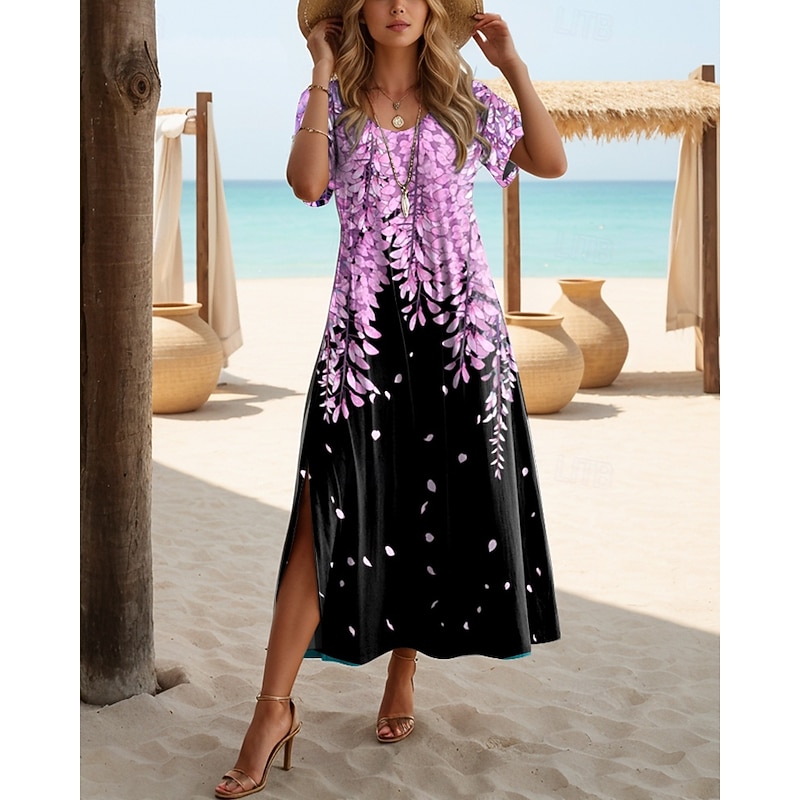 Women's Maxi Dress T Shirt Dress Tee Dress Sundress Shift Dress Summer Dress Bohemia Hawaiian Party Holiday Beach Regular Fit Ombre Floral Graphic Short Sleeve Crew Neck Lilac Light Blue Summer Spring