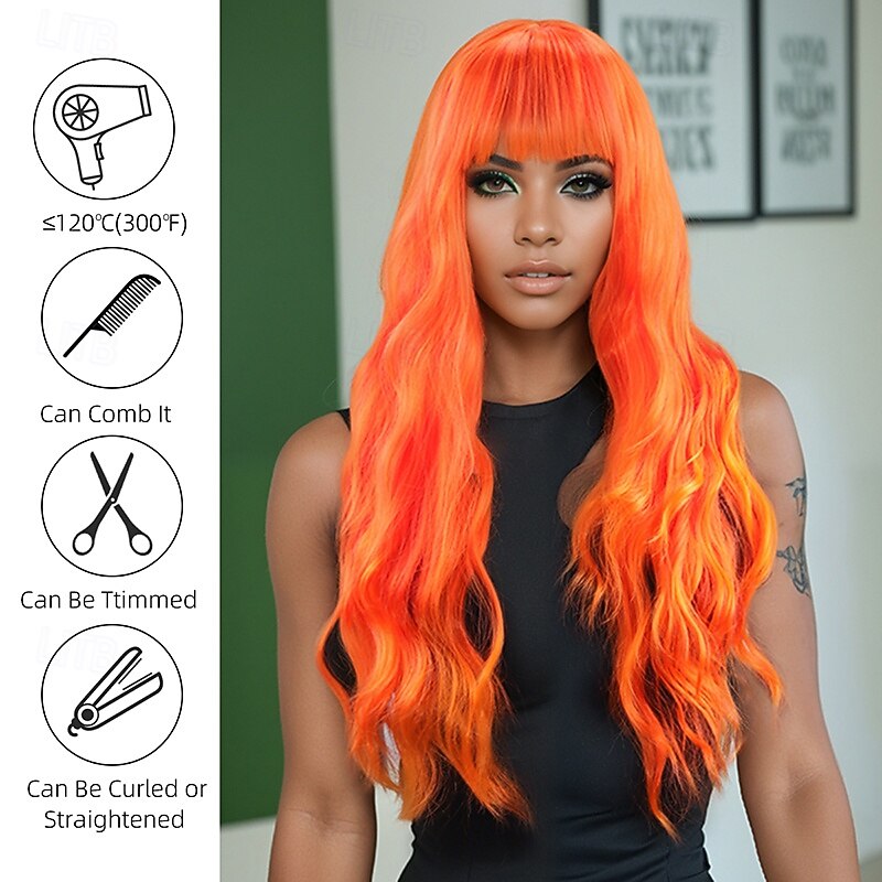 Synthetic Wig Wavy Curly Weave Layered Haircut With Bangs Machine Made Wig 28 inch A1 Synthetic Hair Women's Classic Comfortable Color Gradient Orange3