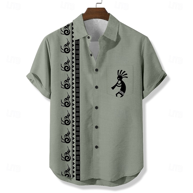 Men's Geometric Ethnic Kokopelli Shirt Casual Shirt Button Up Shirt Short Sleeve Vintage Retro Vacation Holiday Streetwear Summer Turndown 3D Print Front One Pocket Linen Like Shirt Blue 2# Army2