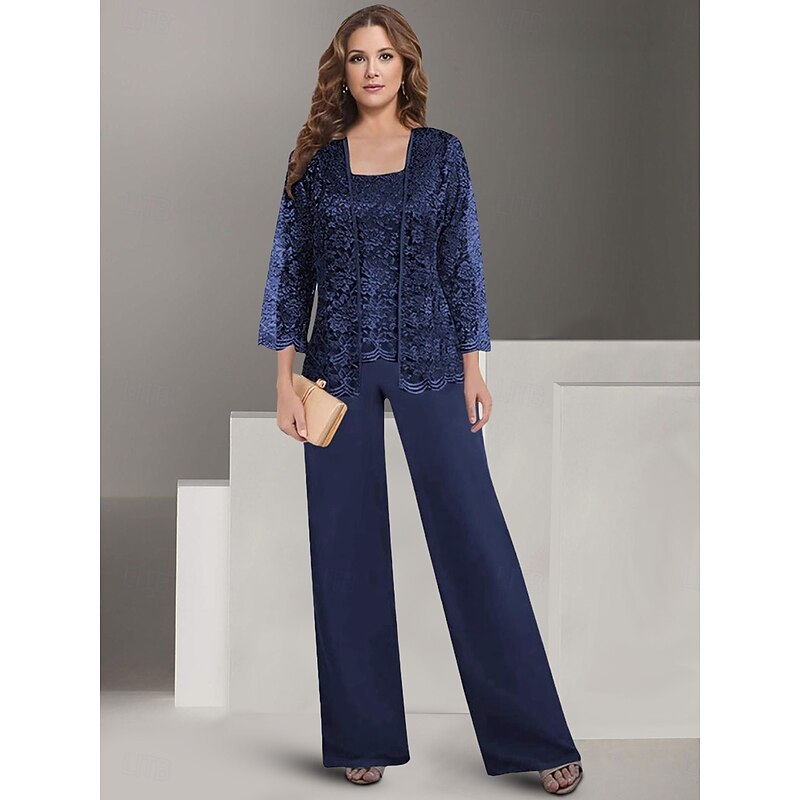 Pantsuit Mother of the Bride Dress Wedding Guest Elegant Square Neck Floor Length Polyester Lace Long Sleeve with Solid Color